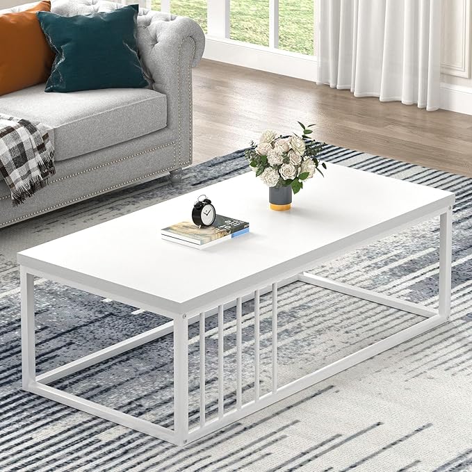 FOLUBAN White Coffee Table, Modern Rustic Wood and Metal Center Table, Industrial Rectangle Cocktail Tea Table for Living Room, White, 43.3 Inch