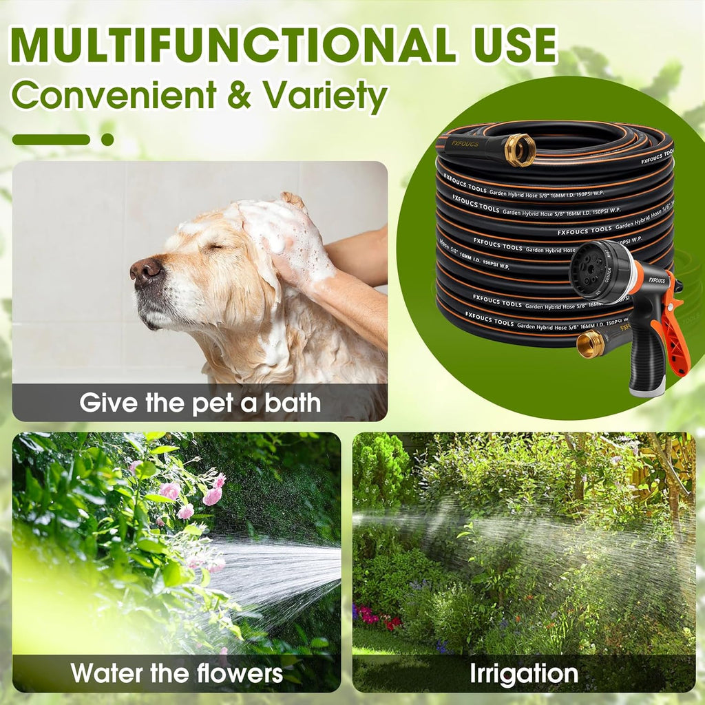 Heavy Duty Garden Hose – 5/8 Inch Flexible, Lightweight Hybrid Hose with 600 PSI Burst Pressure, Swivel Handle, and Durable Copper Male/Female Fittings (Black with hose sprayer, 100FT)