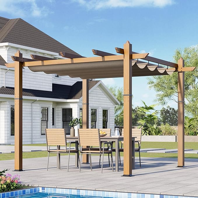 10x10 Ft Outdoor Retractable Pergola with Adjustable Roof Modern Metal Patio Gazebo, Upgraded Faux Wood Grain Aluminum Pergola for Deck, Backyard Gardens, Porches, Grapevines, Khaki