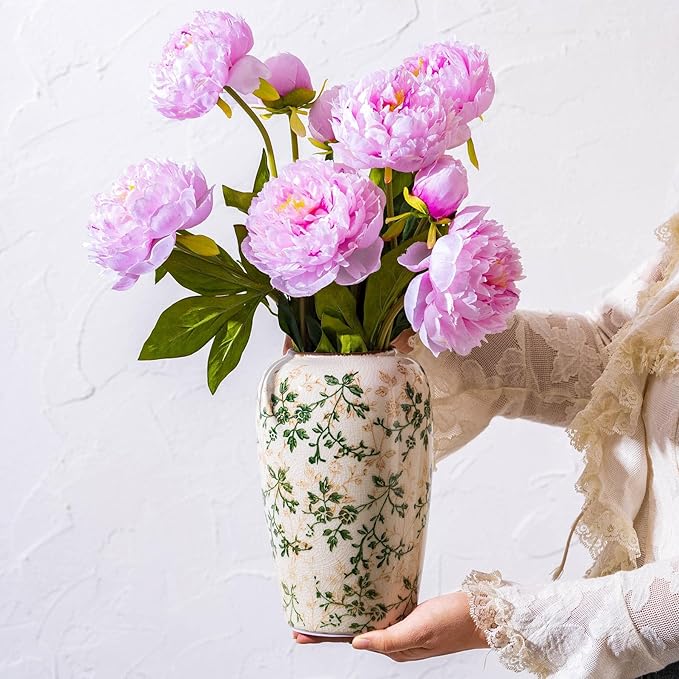 Vintage Pastoral Green and Beige Flower Vase, Ceramic Floral Vases, Retro Ice Cracked Chinoiserie Vase for Home Cottage Core Decor, Bookshelf, Office, Mantel, Wedding Rustic Table Centerpiece 8.5 Inch