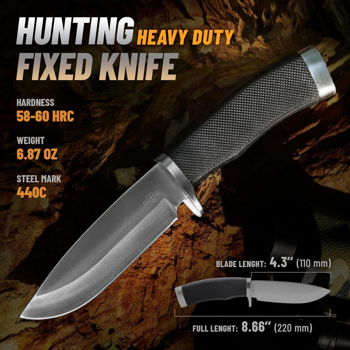 Hunting Knife with Sheath Survival Knives for Men - Best Tactical Camping Hunting Hiking Knife - Bushcraft Field Gear Accessories Tool - Fixed Blade Sharp Knofe with Rubber Handle for Men 148109