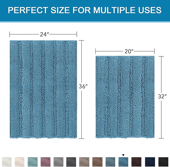H.VERSAILTEX 2 Piece Bathroom Set - Super Absorbent Chenille Striped Bath Mats - Non Skid, Machine Washable - Turquoise Blue, 24 x 36 Plus 20 x 32 Inches