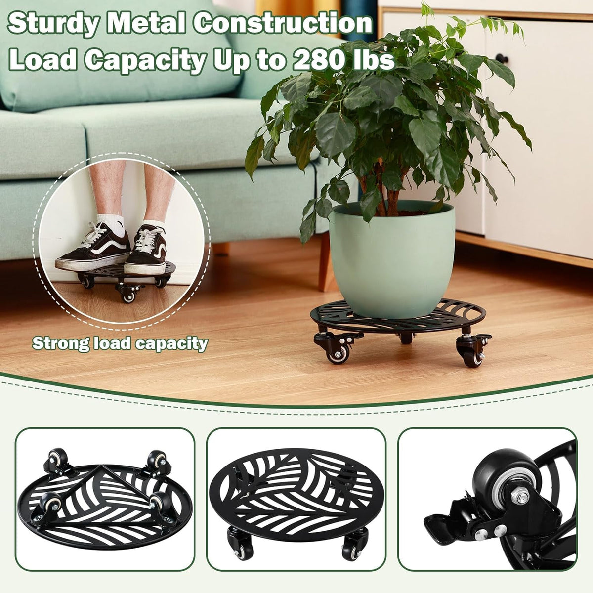 1 Pack 13 inches Metal Plant Caddy with Wheels Heavy-duty Large Iron Rolling Plant Stand with Casters Indoor Outdoor Wheeled Plant Roller Base Pot Movers Plant Dolly Coaster Trolley Black