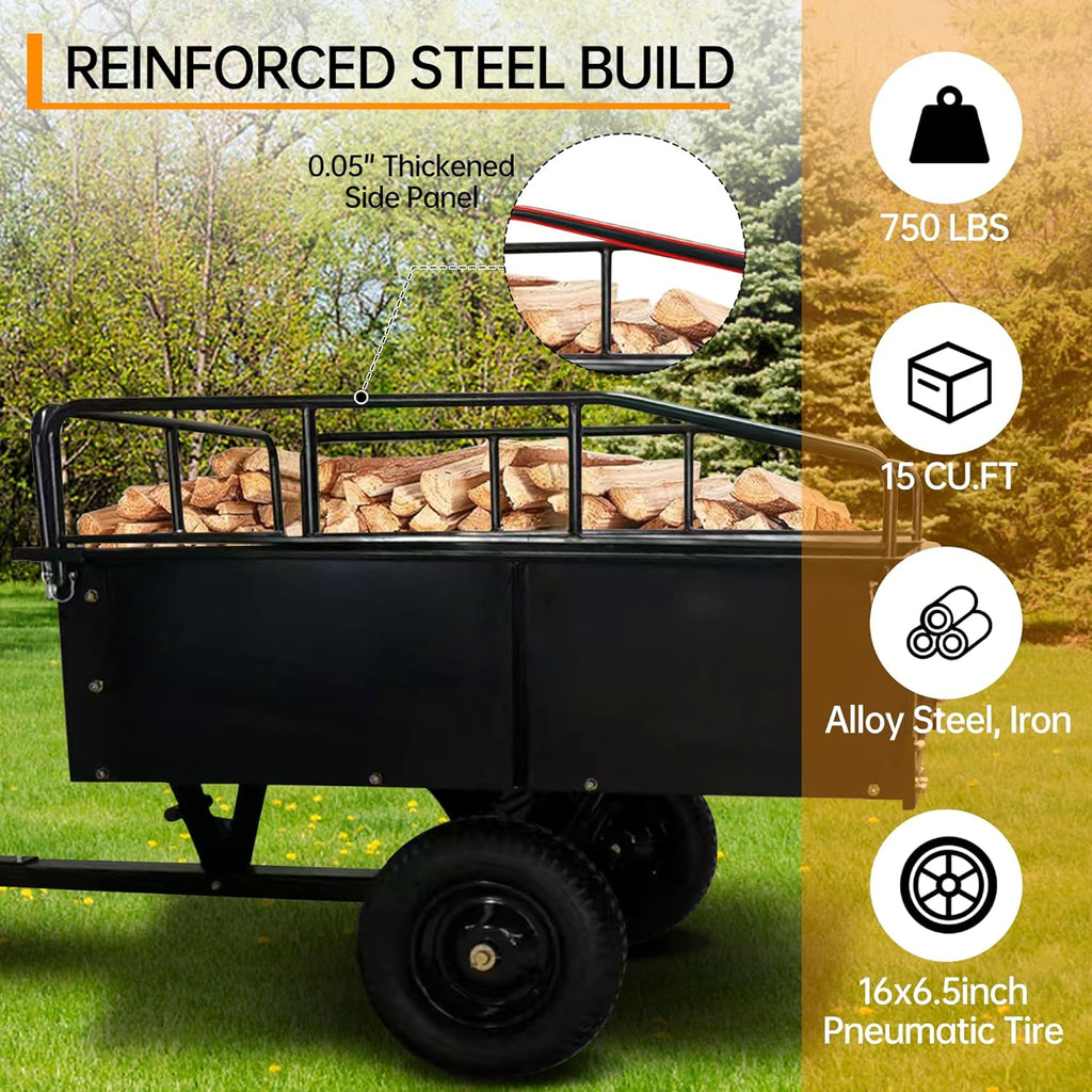 750 LBS Heavy Duty ATV Trailer Tow Behind Steel Dump Cart, 15 Cu. Ft Garden Utility Trailer with Removable Sides & Rear Hitch for Riding Lawn Mower Tractor, Black