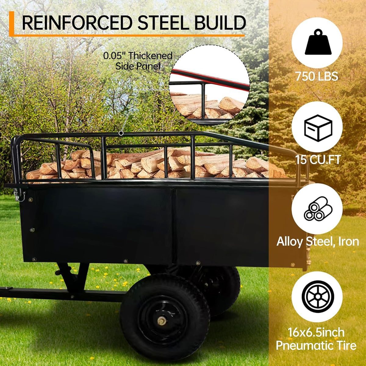 750 LBS Heavy Duty ATV Trailer Tow Behind Steel Dump Cart, 15 Cu. Ft Garden Utility Trailer with Removable Sides & Rear Hitch for Riding Lawn Mower Tractor, Black
