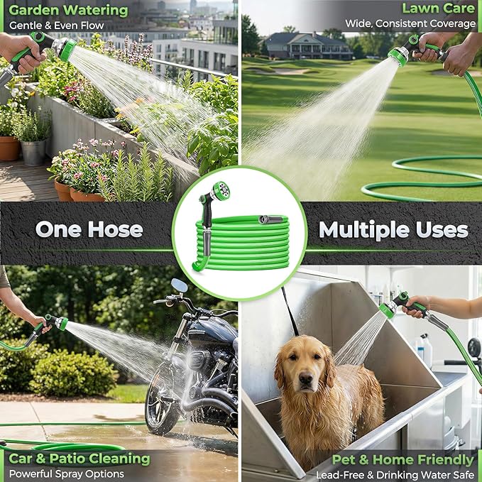 Garden Hose 100 Ft With 8-Pattern Spray Nozzle, 5/8" Lead-Free Flexible Water Hose With 3/4" Anodized Aircraft-Grade Aluminum Interface, Lightweight No-Kink Water Pipe For Lawn, Yard, Outdoor Cleaning