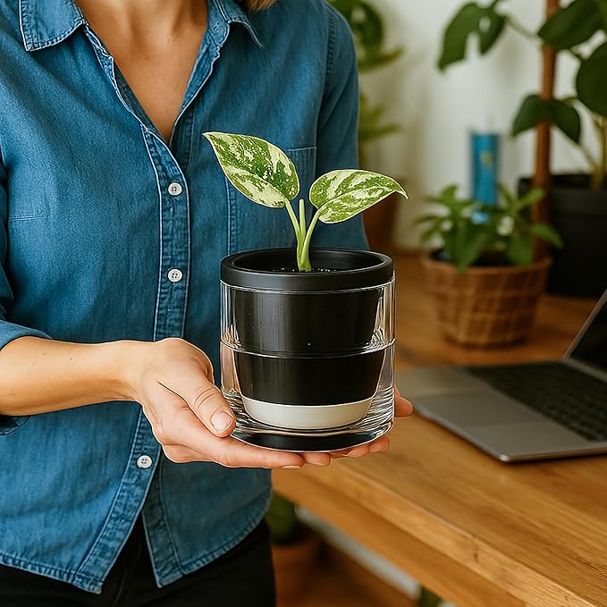 D'vine Dev 4 Inch Design Self Watering Planter for Indoor Plants, Black Terracotta Pot with Cylinder Glass Cup, Set of 4, 37-Z-A-3-F