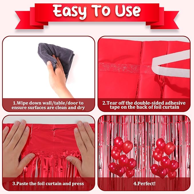 2 Pack Red Foil Fringe Backdrop Curtains, Tinsel Streamers Birthday Party Decorations, Fringe Backdrop for Graduation, Baby Shower, Gender Reveal, Disco Party