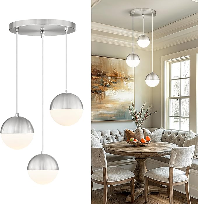 LMS Modern Brushed Nickel 3-Light Cluster Pendant Lights, Mid Century Pendant Lighting with White Globe Glass Shade, Adjustable Hanging Cord Ceiling Light for Home Office Dining Room, LMS-186BN3