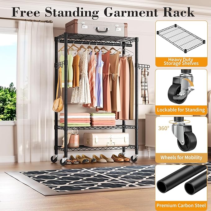 Heavy Duty Clothes Rack Rolling Garment Rack,3 Tier Adjustable Wire Shelving Clothing Racks for Hanging Clothes with Hanger Rod&Side Hooks,Freestanding Wardrobe Storage Rack Metal Portable Closet