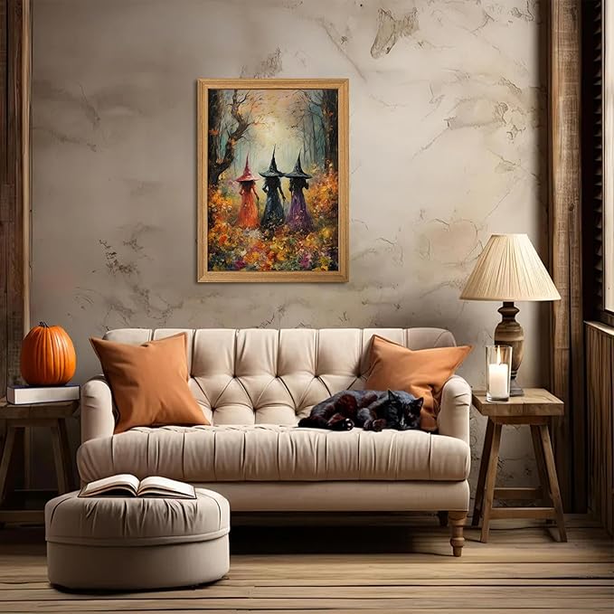 Framed Vintage Halloween Witch Wall Art – Halloween 3D Texture Witches Pictures Fall Decor for Living Room, Mysterious Forest Witchy Sandstone Aesthetic Art Prints for Bedroom Kids Room – 16x24in