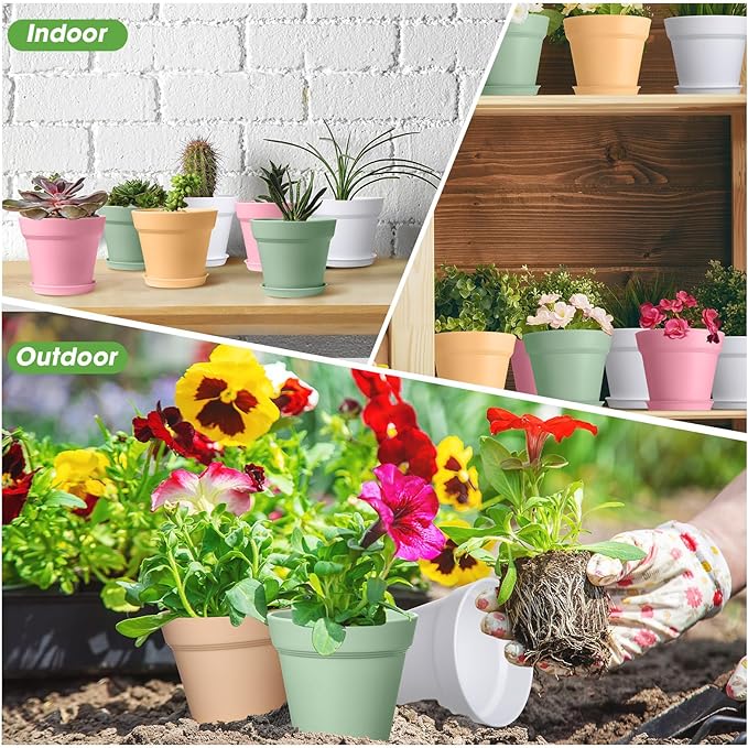 Mumufy 54 Pack 4 Inch Plant Pots Bulk Small Planter with Drainage Hole and Saucer Small Plastic Pots for Flowers Succulent Cactus and All House Indoor(Colorful)