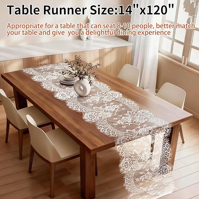 3 Pcs White Lace Table Runners 14 x 120 Inch Boho Rose Embroidered Floral Vintage Rustic Table Decoration for Wedding Party Bridal Shower Decorations