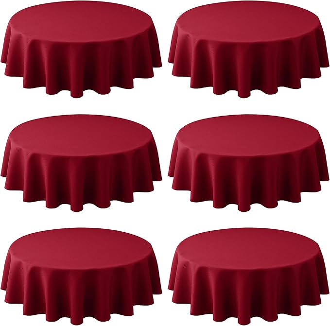 Biscaynebay 6 Pack Textured Fabric Round Tablecloths 60", Red Water Resistant Tableclothes Small Circle Folding Table Covers Linen for Dining, Kitchen, Wedding, Parties etc Machine Washable