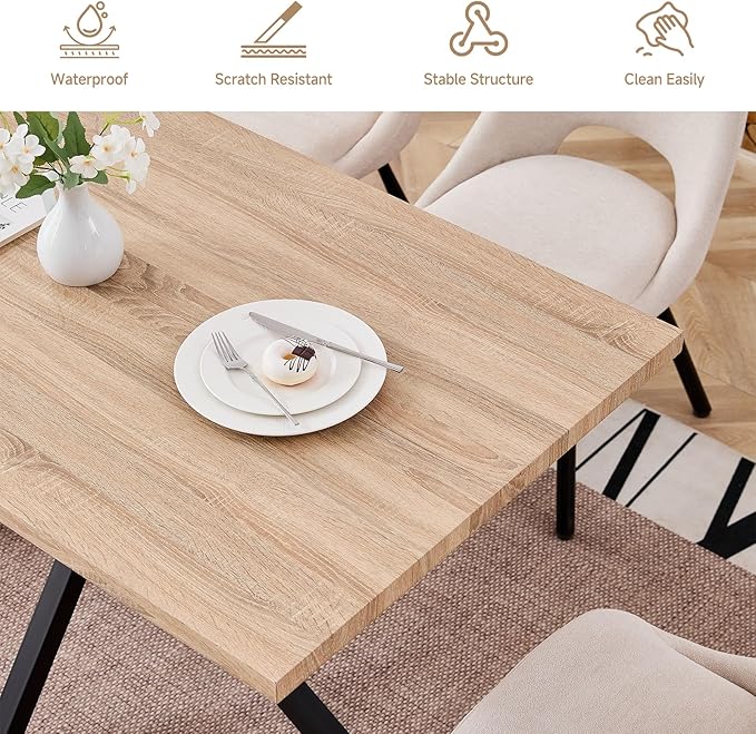 55.1 Inch Dining Table for 4 6 People Rectangular Wooden Kitchen Tables Mid Century Modern Dinner Table Long Dinning Room Table with Metal Cross Legs for Kitchen Living Room Comedor(Natural)