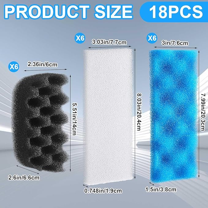 18 Pcs Aquarium Filters Bio Sponge Sets Compatible with Fluval 206/207 Aquarium Filters Including Blue White Black Biological Sponge Foam for Replacement Filter Media Kit
