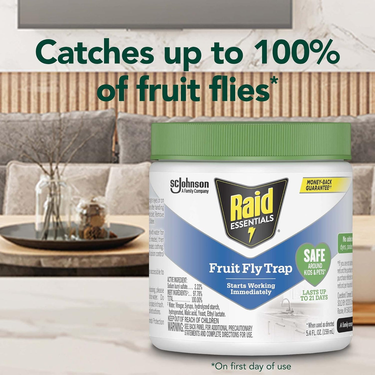 Raid Essentials Fruit Fly Trap for Indoors, Made with Essential Oils, Child and Pet Safe, 5.4 oz