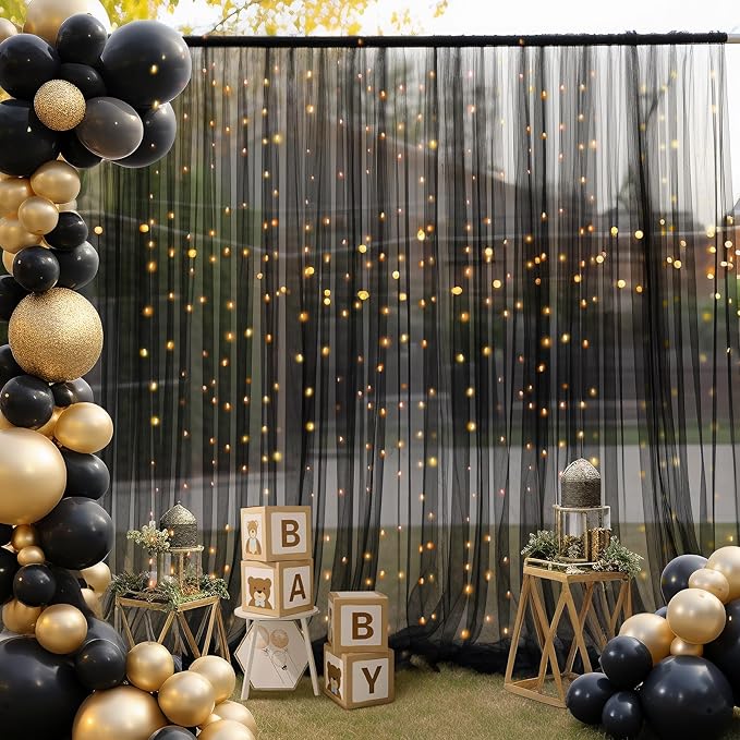 20×10ft Black Tulle Backdrop Curtain with Lights String for Parties, Sheer Photo Backdrop Curtains for Wedding Party Photography Background