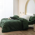 JIYUAN 100% Washed Cotton Duvet Cover Set 3 Pieces King, 1 Duvet Cover 104x90 Inches(Comforter Not Included) and 2 Pillowcases,Linen Feel Bedding Set Comfy and Breathable,Forest Green