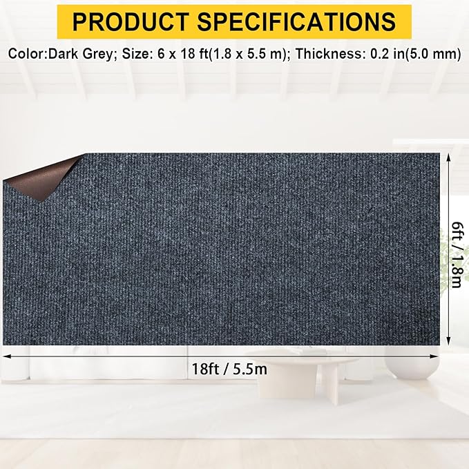 Marine Carpet,6 FT x 18 FT Dark Gray Indoor Outdoor Carpet 0.2" Thick Boat Carpet with Water-Proof TPE Backing, Non-Slide Outdoor Marine Carpet Roll for Home, Patio, Porch, Deck