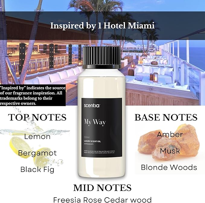 Hotel My Way Diffuser Oil Inspired by The 1 Hotel MiamiBeach - 120 ml 4.06 fl oz - Fragrance Oil Blend Sandalwood, Cedar & Lemon Notes for Aromatherapy Diffusers and Humidifiers
