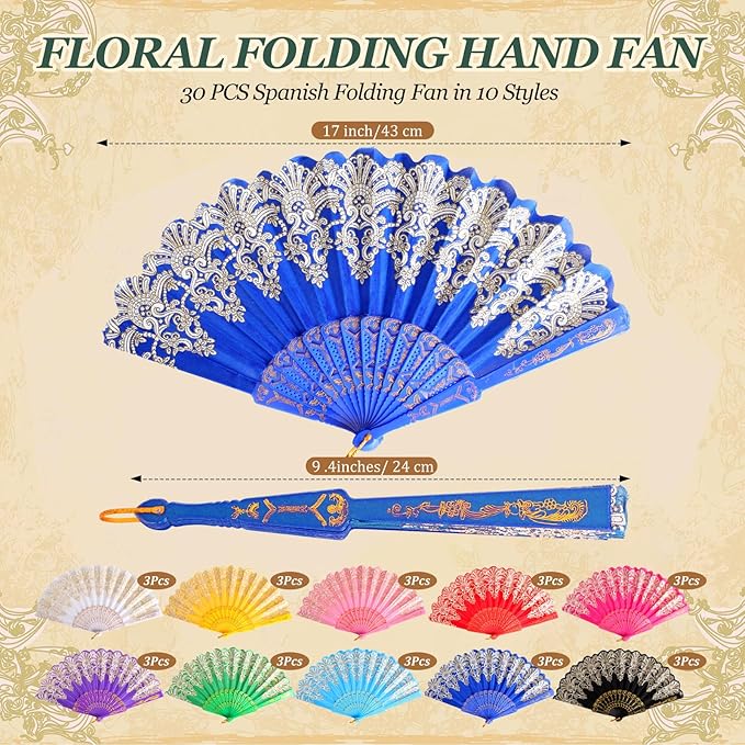 Geetery 30 Pcs Folding Hand Fan for Line Dancing Spanish Boots on The Ground Fans Gifts Bulk Colorful Silk Popping Rave for Women Tea Party Wedding Church Halloween Costume(Embroidery,Elegant Colors)