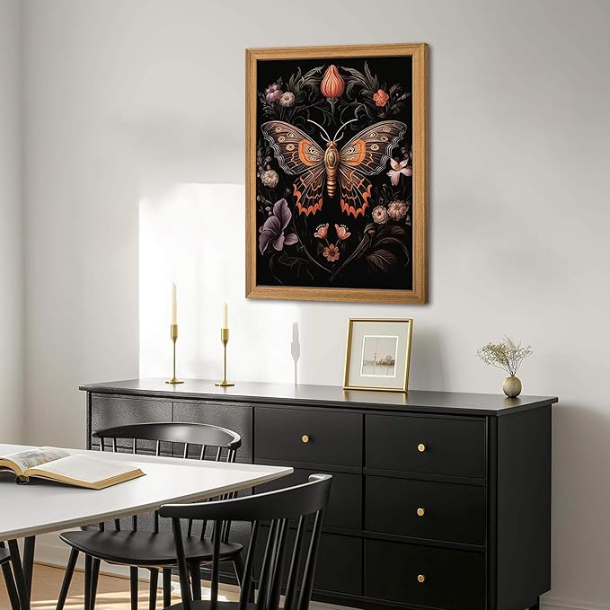 Framed Vintage 3D Textured Wall Art - Gothic Butterfly Wall Decor - Hand Drawn Sandstone Nature Botanical Pictures for Living Room Bedroom Home Decor 24x36in