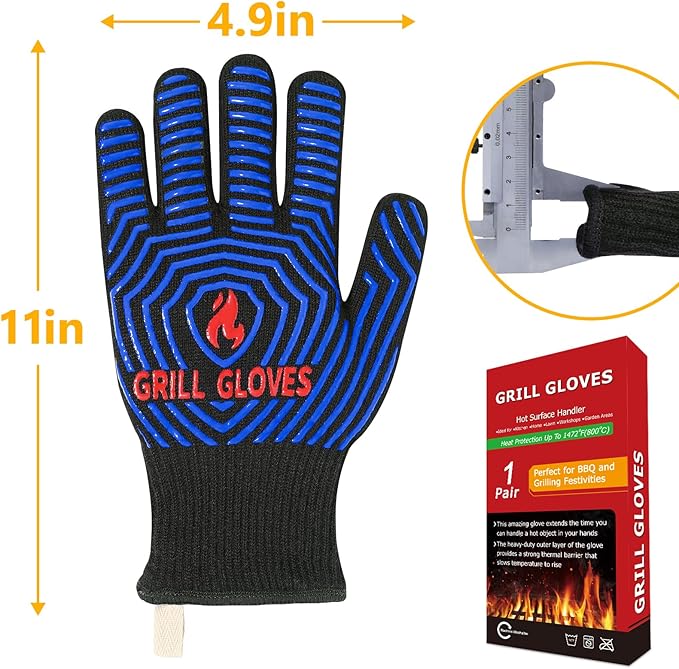 QUWIN BBQ Gloves, Oven Gloves 1472℉ Extreme Heat Resistant, Grilling Gloves Silicone Non-Slip Oven Mitts, Kitchen Gloves for BBQ, Grilling, Cooking, Baking-1 Pair (One Size Fits Most, Black/Blue)