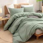 BESTOUCH Duvet Cover Set 100% Washed Cotton Linen Feel Super Soft Comfortable Chic Lightweight 3 PCs Home Bedding Set Solid Green Oversized Full