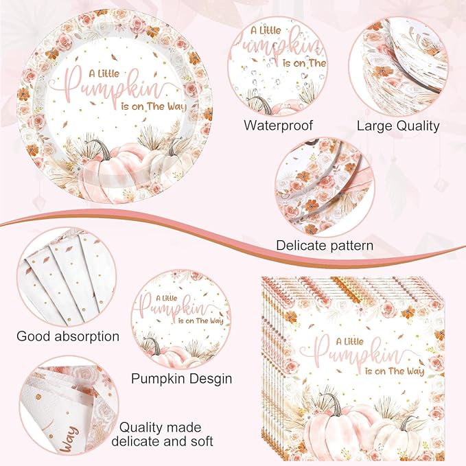 452 Pcs Little Pumpkin Baby Shower Decorations for 50, Pink A Little Pumpkin Is on the Way Paper Plates Napkins Cups Tablecloth Cutlery Straws for Autumn Fall Thanksgiving Party Supplies