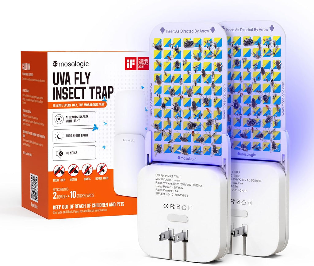 Mosalogic Fruit Fly Traps for Indoors Gnat Trap for House Indoor-600 Sqft Protection Area UV Fly Insect Trapper for Fruit Flies，Gnats，Mosquito，and Other Flying Insect Plug-in Bug Killer White 2Pack