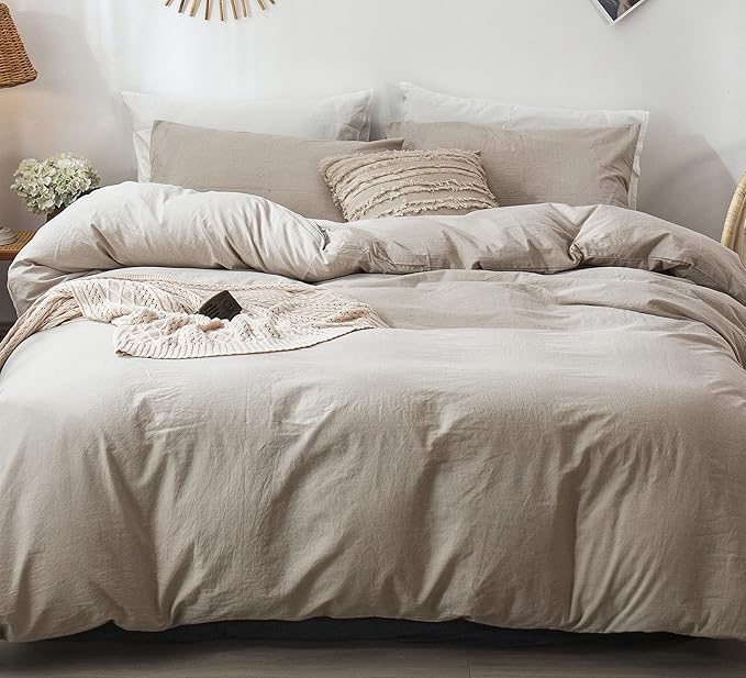 MooMee Bedding Duvet Cover Set 100% Washed Cotton Linen Like Textured Breathable Durable Soft Comfy (Heathered Tannish Linen Grey, Twin 68"x90")