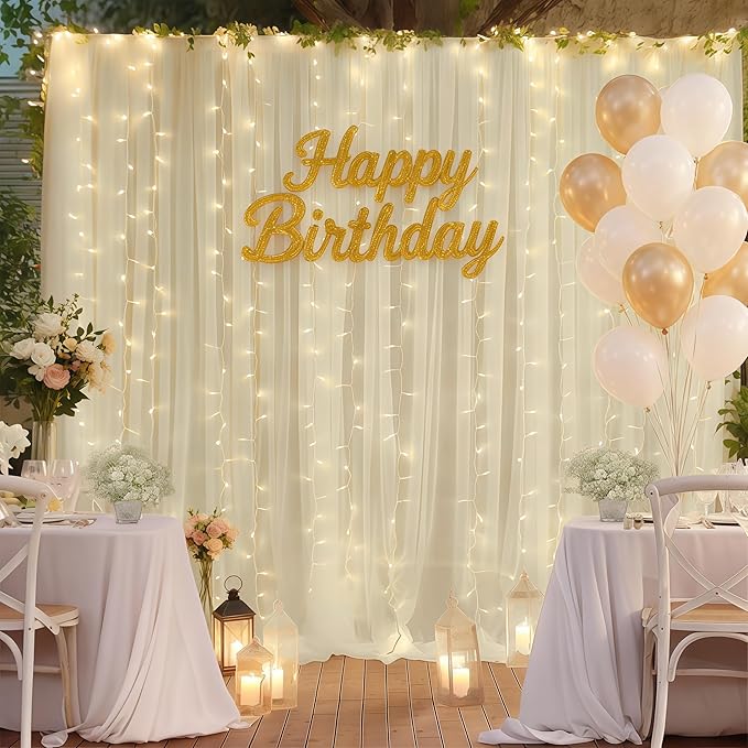 10×10ft Cream White Tulle Backdrop Curtain with Lights String for Parites, Sheer Photo Curtain Backdrop Drapes for Wedding Party Photography Backgrounds