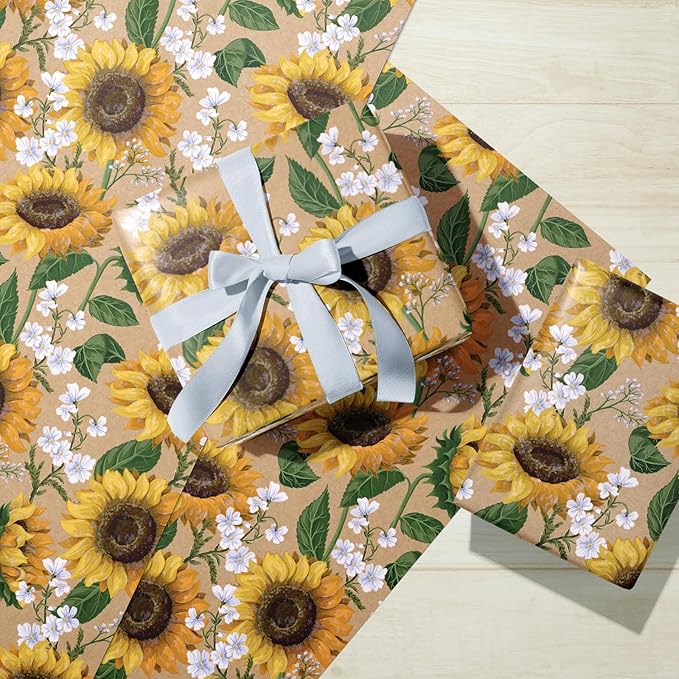 WRAPAHOLIC Kraft Floral Wrapping Paper Roll - Mini Roll - 17 Inch x 9.8 Feet - Sunflower Wrapping Paper, Perfect for Wedding, Birthday, Bridal Shower, Tea Party