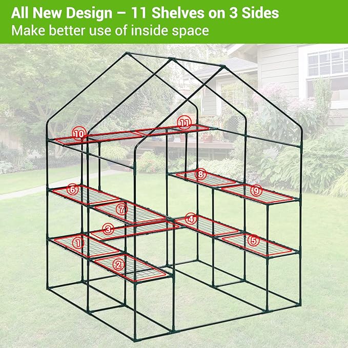 Greenhouse for Outdoors with Screen Windows, Ohuhu Upgraded 4 Tiers 11 Shelves Walk-in Greenhouses with Durable PE Cover, Outside Garden Plastic Green House with Ground Pegs & Ropes for Stability