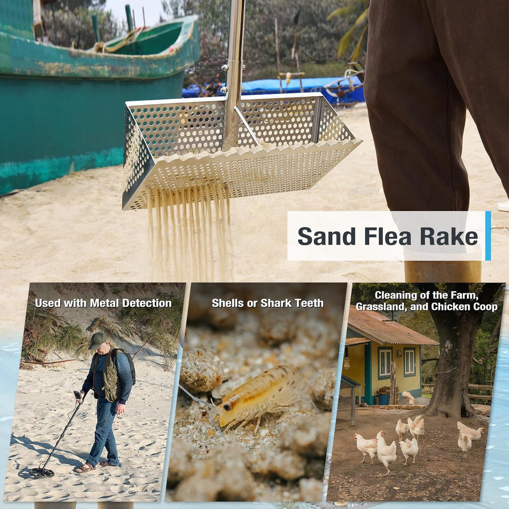 Sand Flea Rake, Long Handle Sand Sifter for The Beach, Stainless Steel Shark Tooth Sifter Comes with A 16-Inch Wide Mesh Screen for Collecting Fleas, Shark Teeth, and Seashells