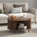 Round Coffee Table with Storage,Fluted Center Table with Sliding Cabinet Door for Living Room,Home Small Space,31.5" Small Center Table,Walnut