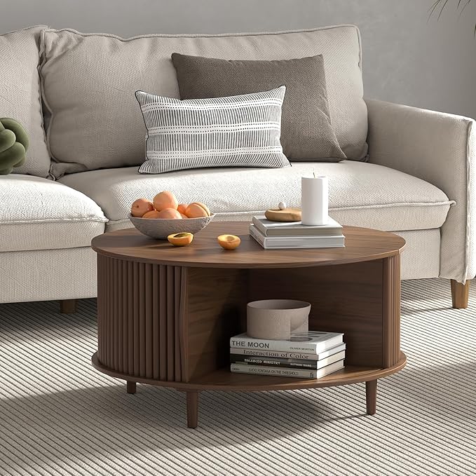 Round Coffee Table with Storage,Fluted Center Table with Sliding Cabinet Door for Living Room,Home Small Space,31.5" Small Center Table,Walnut