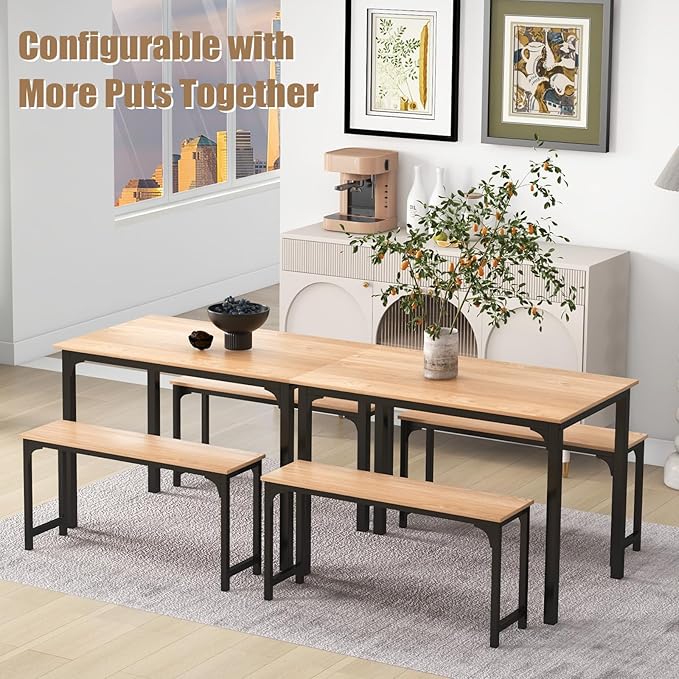 NAFORT 3-Piece Modern Dining Table Set for 4, 43.5" x 27.5" x 29.5", Black, Space-Saving with Under-Bench Storage, MDF Wood & Metal Frame, Ideal for Home & Restaurant