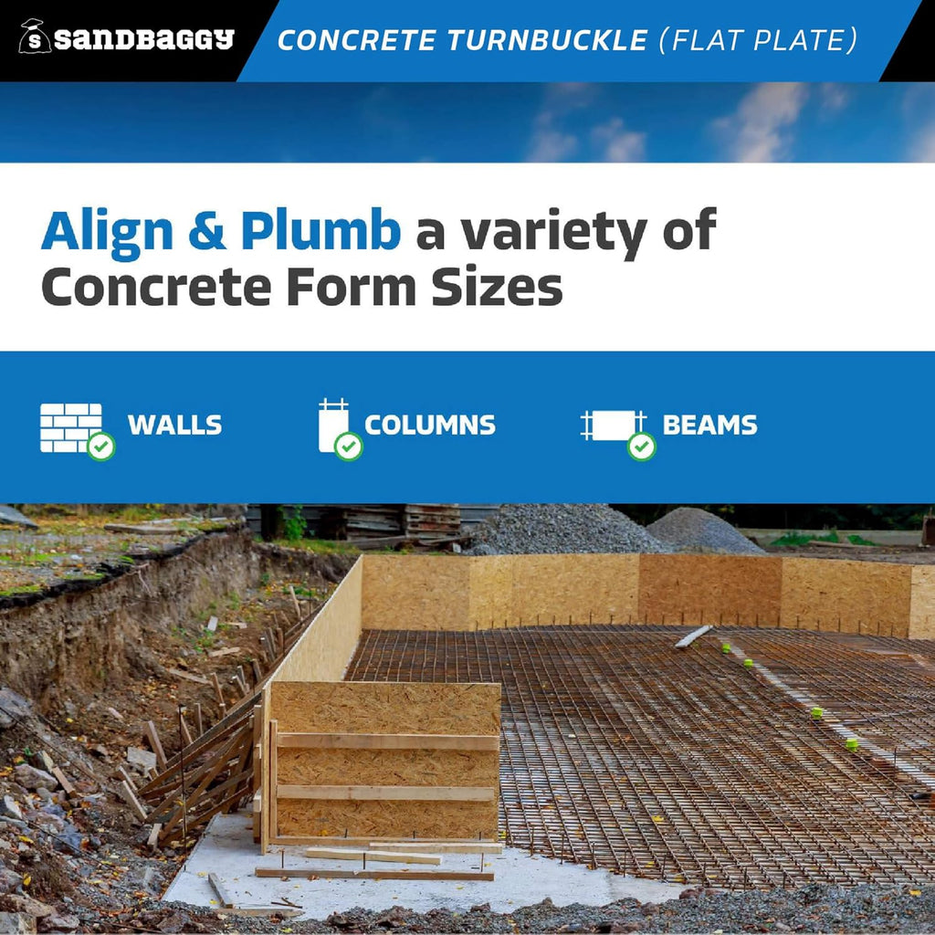 Sandbaggy Concrete Turnbuckle Form Aligner with 5" x 3" Flat Plate (35" - 37.5" Length) - Rust Resistant Steel - Adjustable Wall Brace - Aligns & Plumbs Form Walls, Columns, or Beams (35 inches, 200)