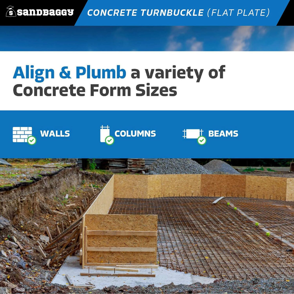 Sandbaggy Concrete Turnbuckle Form Aligner with 5" x 3" Flat Plate (35" - 37.5" Length) - Rust Resistant Steel - Adjustable Wall Brace - Aligns & Plumbs Form Walls, Columns, or Beams (35 inches, 4)