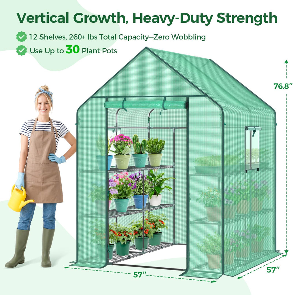 Ohuhu Greenhouse for Outdoors with Screen Windows, 57 x 57 x 76'' Walk in Plant Greenhouses Heavy Duty with Durable PE Cover, 3 Tiers 12 Shelves Stands Plastic Portable Green House with Shelf Clips