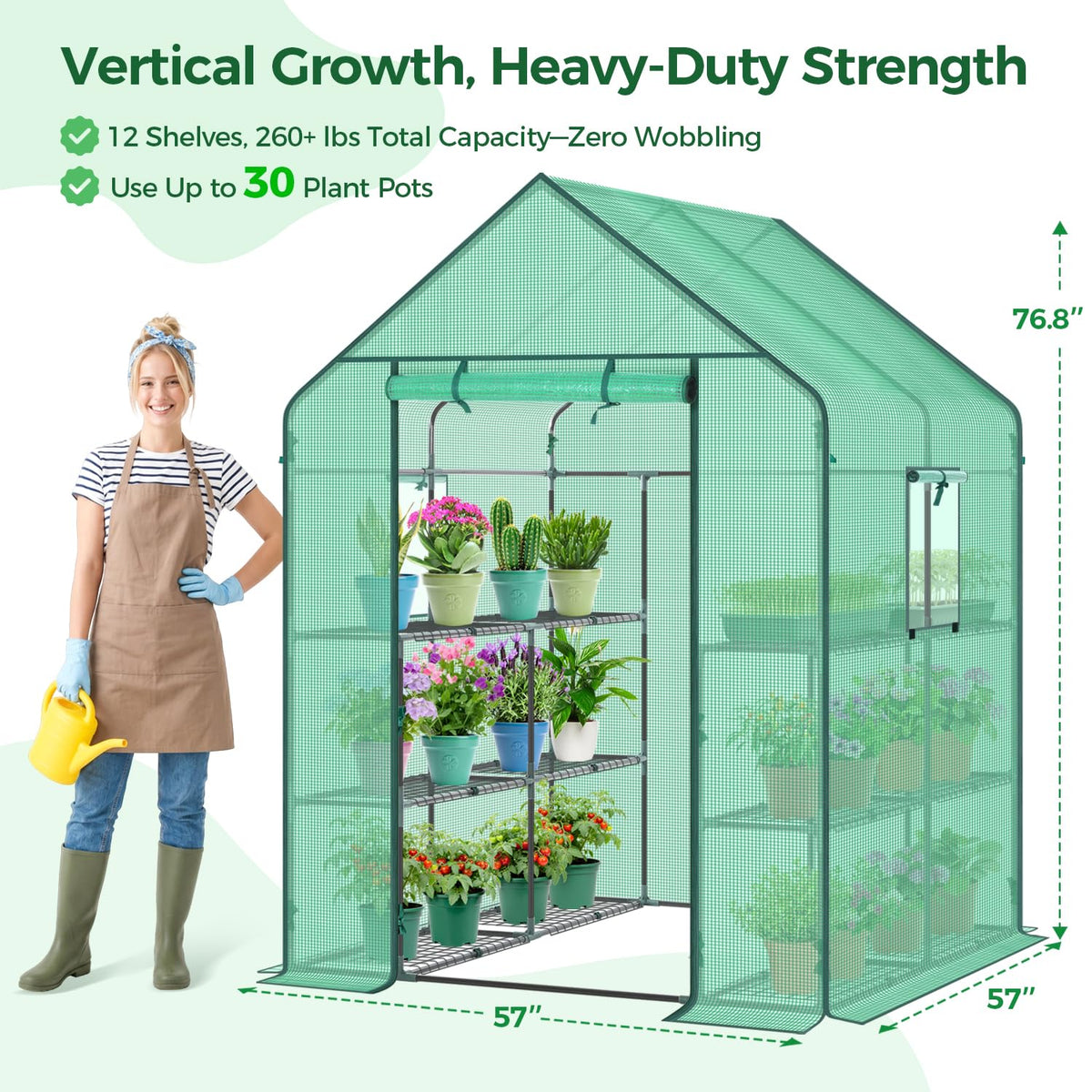 Ohuhu Greenhouse for Outdoors with Screen Windows, 57 x 57 x 76'' Walk in Plant Greenhouses Heavy Duty with Durable PE Cover, 3 Tiers 12 Shelves Stands Plastic Portable Green House with Shelf Clips