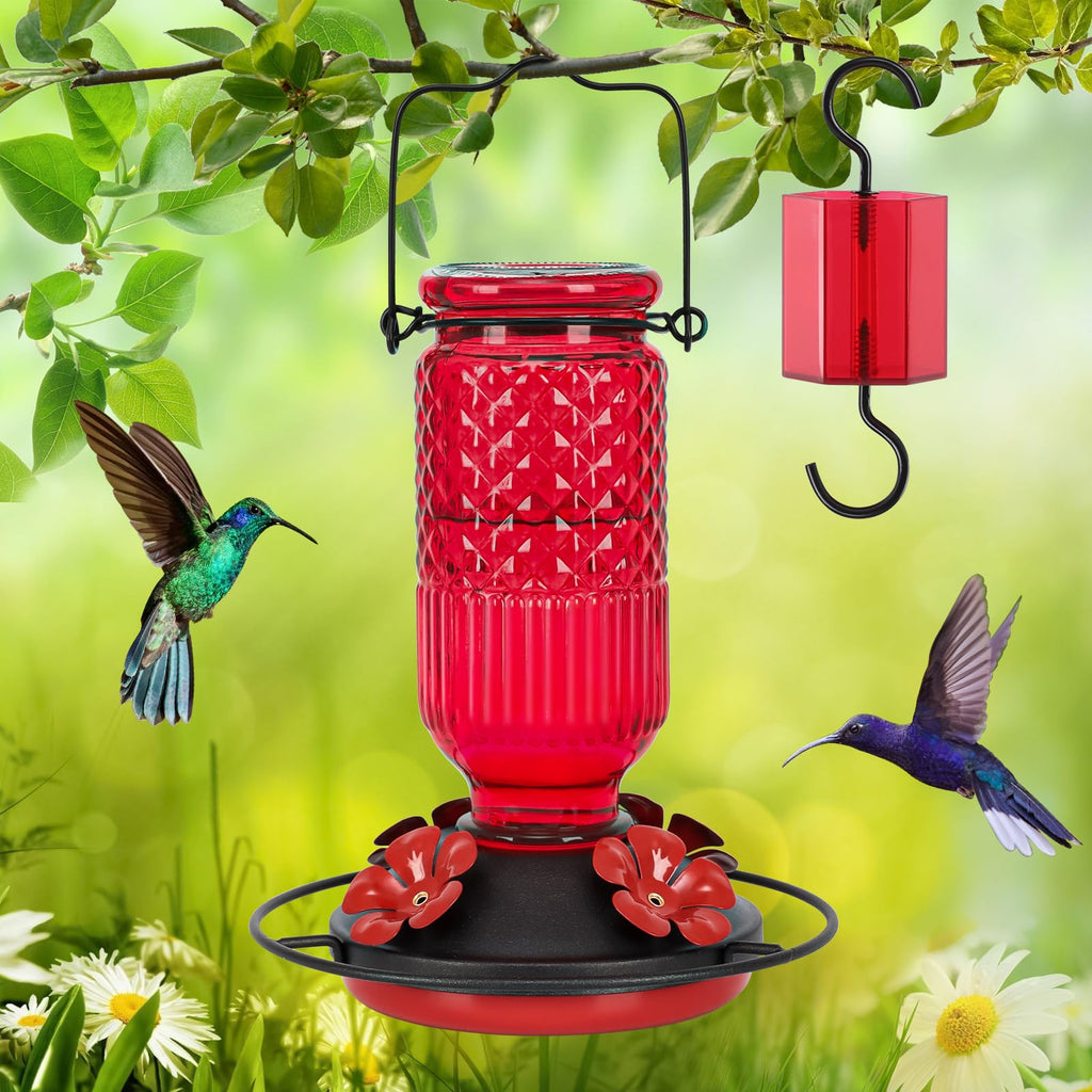 FEED GARDEN Glass Hummingbird Feeder for Outdoors Hanging, 16 oz Leak-Proof Nectar Feeder with Bee Guards & Ant Moat, 4 Metal Flower Feeding Ports, 360° Perch Ring, Easy Refill & Clean, Red