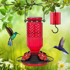 FEED GARDEN Glass Hummingbird Feeder for Outdoors Hanging, 16 oz Leak-Proof Nectar Feeder with Bee Guards & Ant Moat, 4 Metal Flower Feeding Ports, 360° Perch Ring, Easy Refill & Clean, Red