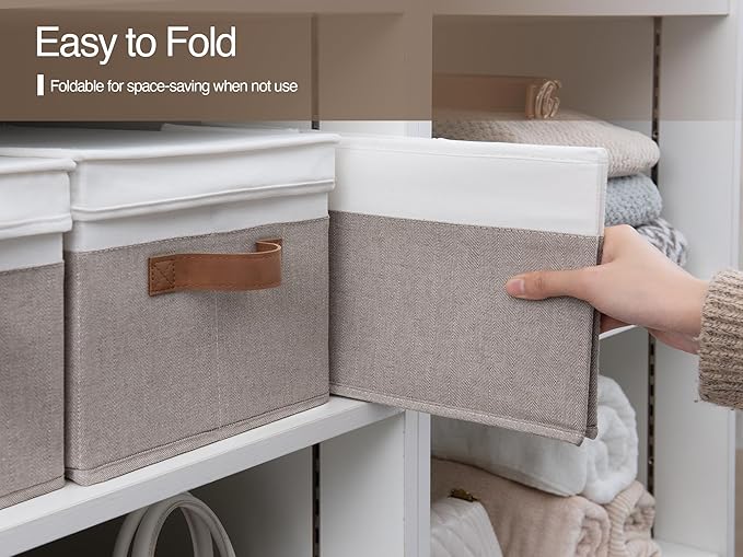 StorageWorks Large Storage Bins with Lids, Decorative Storage Boxes with Lid and PU Handles, Foldable Storage Baskets for Closet, Shelves, Stackable, Brown and White, 3-Pack