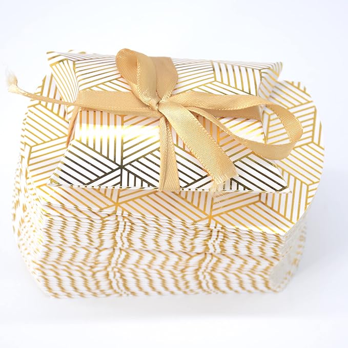 Aokbean 100 Pack Mini Pillow Candy Box Small Gift Boxes with 50 Yards Ribbon for Christmas Wedding Party Favor Gift, Jewelry or Soap Packaging (Gold Stripes)