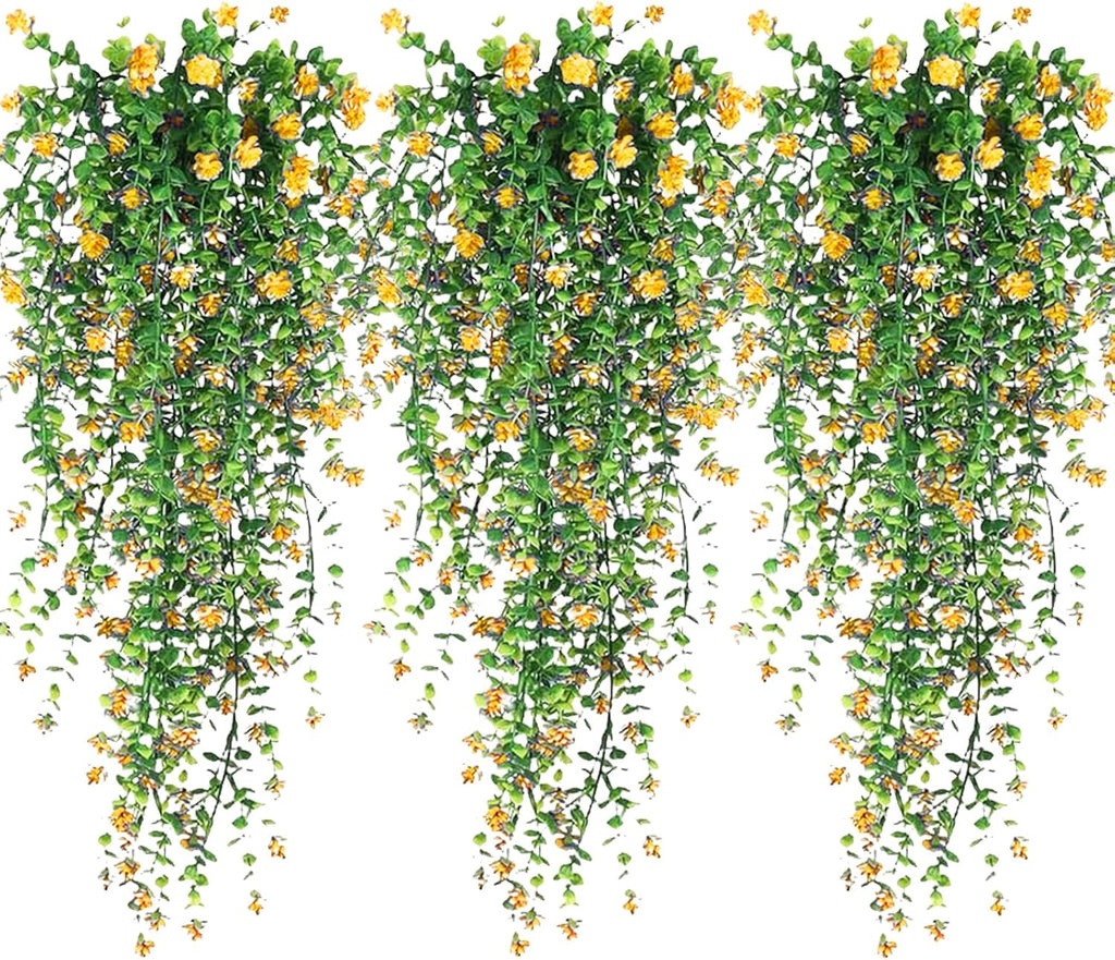 Artificial Hanging Flowers, 3 Pcs Fake Hanging Plants Artificial Vines for Outdoors, Fake Ivy Vine UV Resistant No Fade Faux Plants for Indoor Outside Garden Patio Yard Greenery Decoration (Yellow)