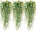 Artificial Hanging Flowers, 3 Pcs Fake Hanging Plants Artificial Vines for Outdoors, Fake Ivy Vine UV Resistant No Fade Faux Plants for Indoor Outside Garden Patio Yard Greenery Decoration (Yellow)