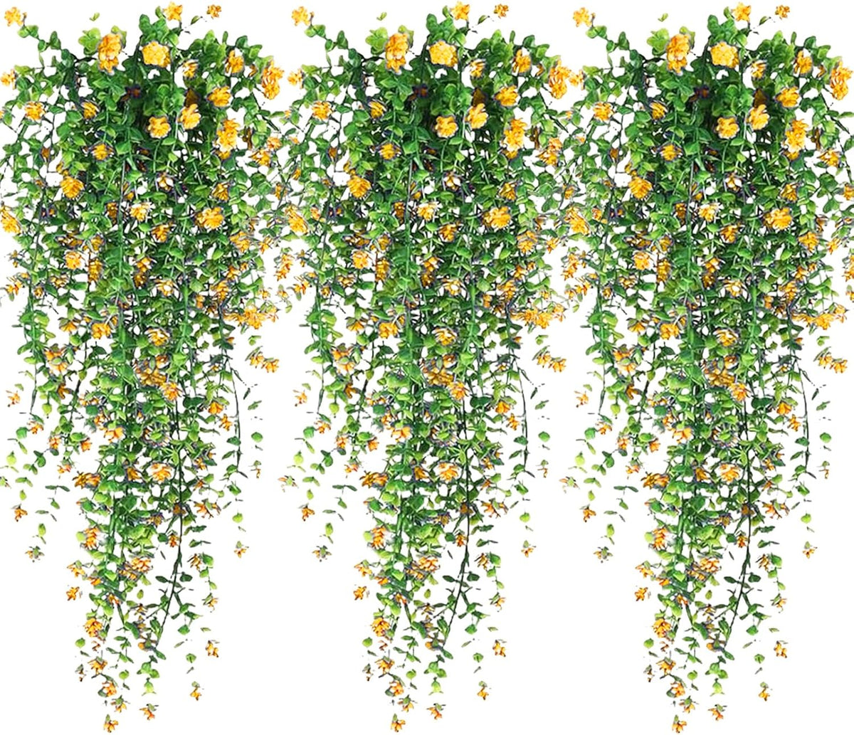 Artificial Hanging Flowers, 3 Pcs Fake Hanging Plants Artificial Vines for Outdoors, Fake Ivy Vine UV Resistant No Fade Faux Plants for Indoor Outside Garden Patio Yard Greenery Decoration (Yellow)